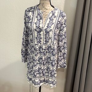 LOFT White and Blue Patterned Blouse